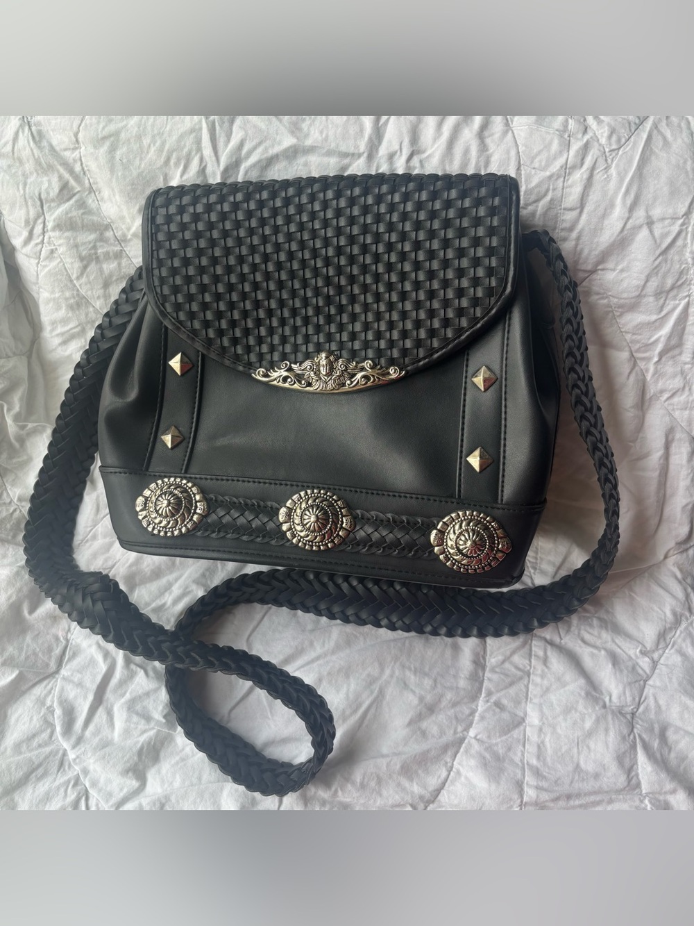 Black Woven Flap Crossbody Bag with Silver-Tone Conchos